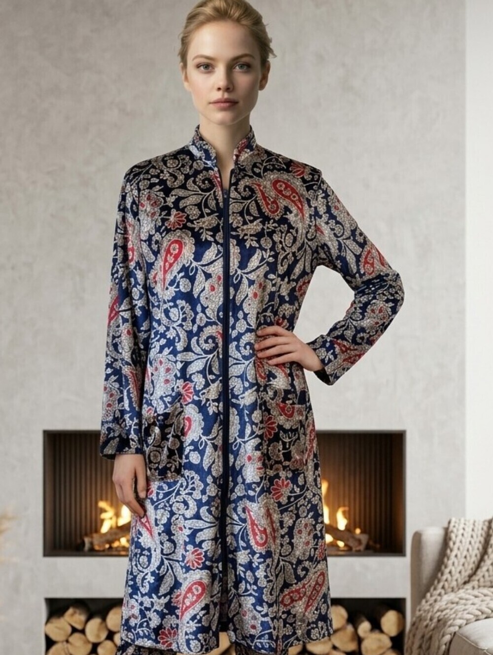 Ekouaer Zipper Robe Long Sleeve Loungewear Velour Housecoat Full Length Sz M